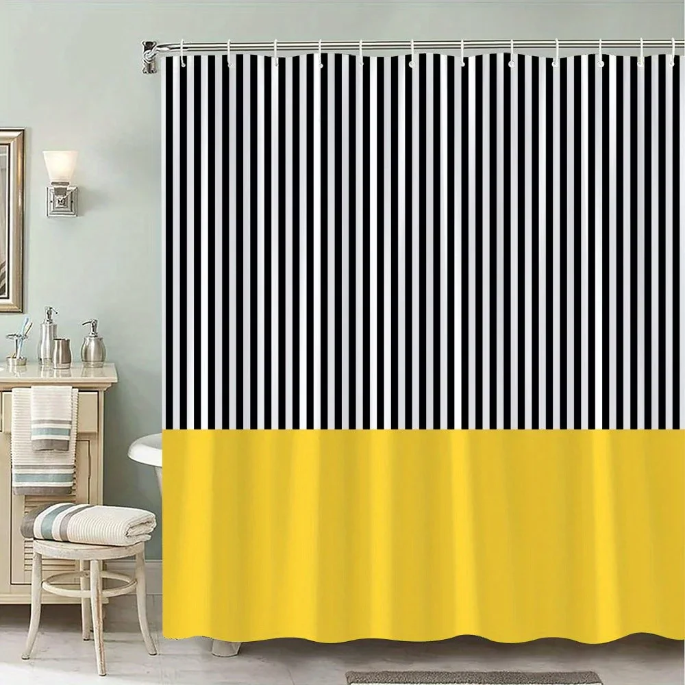One Piece of a Shower Curtain Featuring Black And White Stripes with a Yellow Accent, Showcasing a Bold Minimalist Vertical Patt