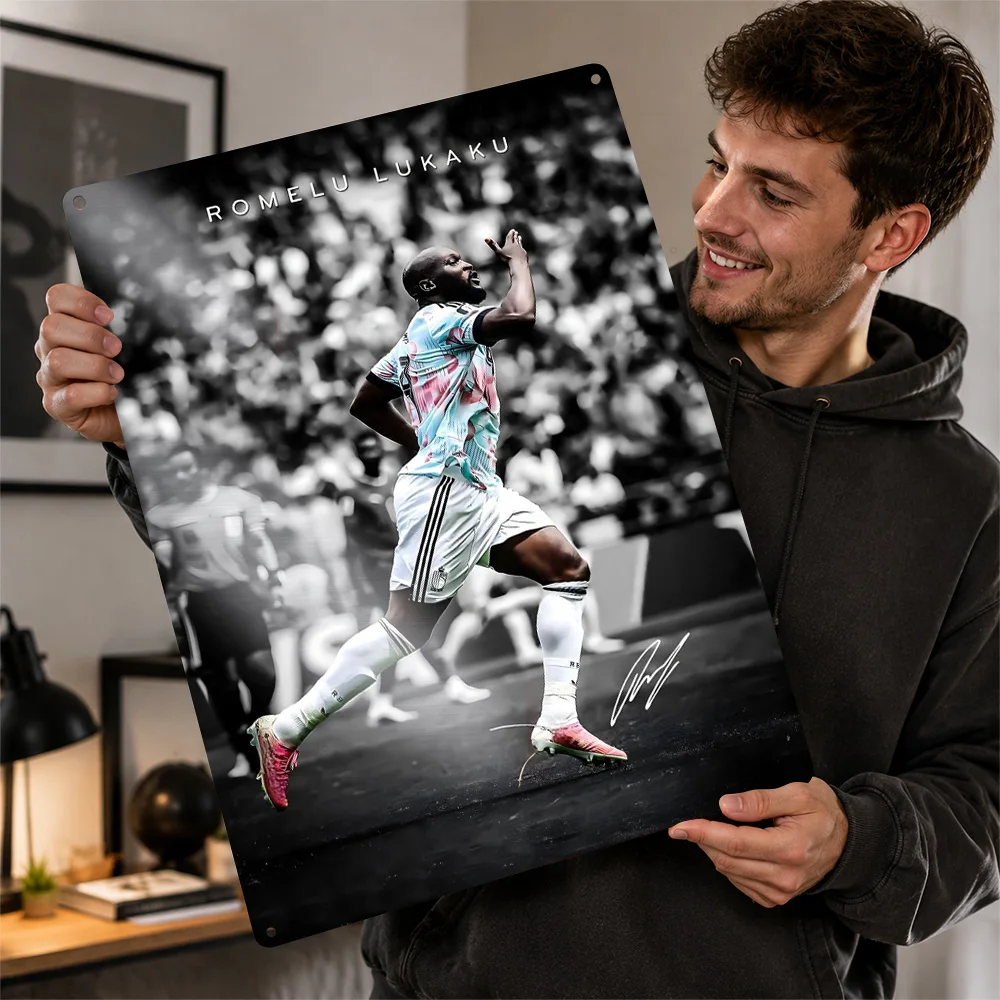 Romelu Lukaku Soccer Player 3D Printed Texture Poster Personalized Wall Art Retro Metal Tin Signs for Decor Room Bar Accessories