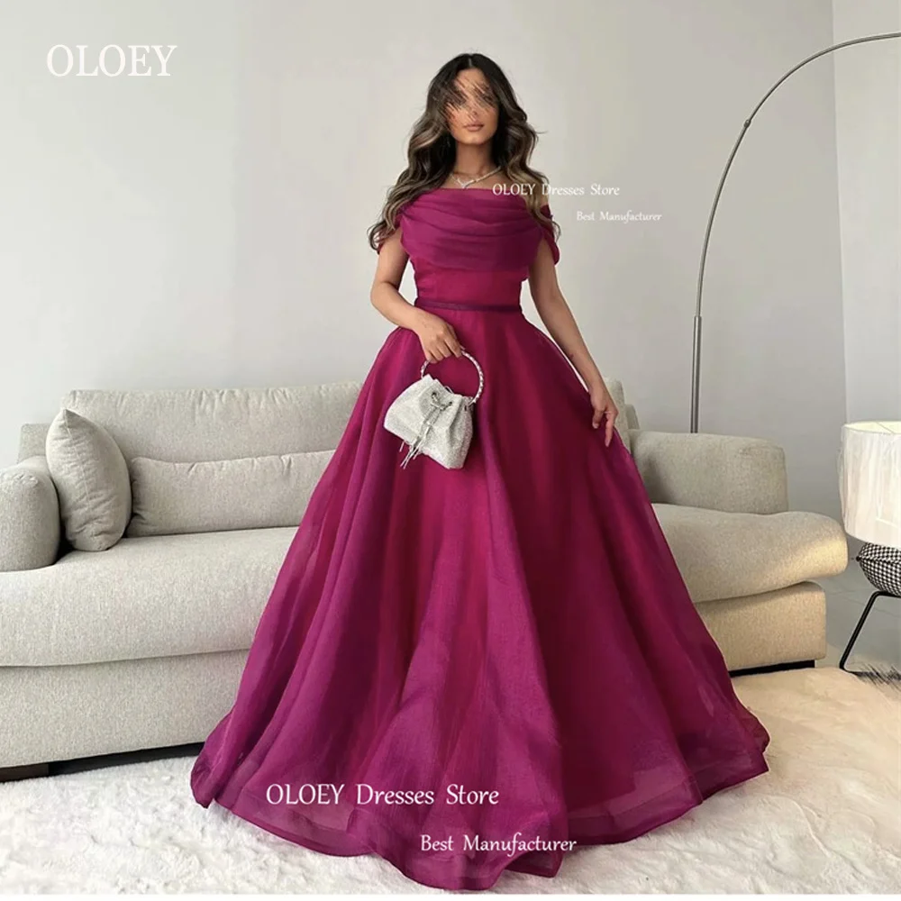 

OlOEY Saudi Arabic Women Fuschia Organza Silk Evening Dresses Off the Shoulder Floor Length Prom Gowns Long Formal Party