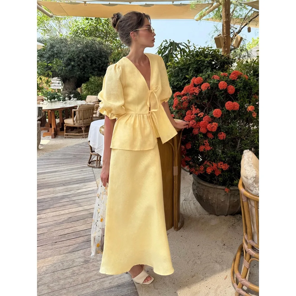 Aolsin 2026 Women's  Summer Dress set V-Neck Lace-Up Bubble Sleeve Shirt  Long Skirt Set Loose Casual Two-Piece Suit