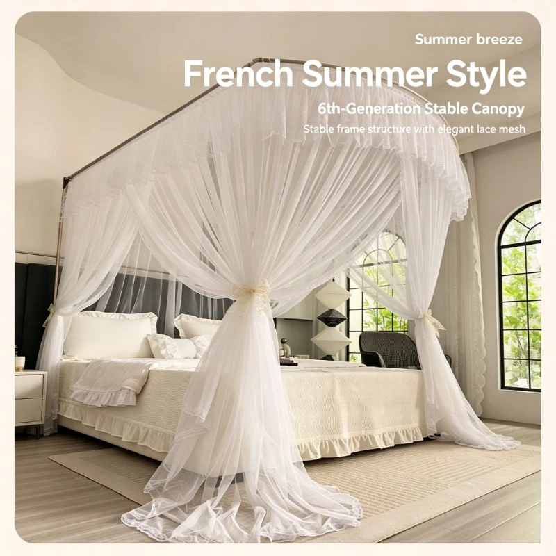 Elegant White Lace Canopy Mosquito Net, Princess Style with Frame for 1.5m/1.8m Beds, Needed & Foldable Design
