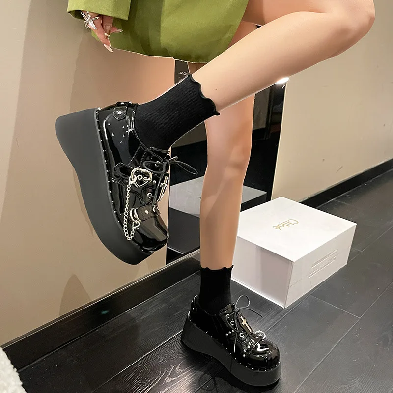 Fashion Zipper Chunky Platform Mary Janes Women Round Toe Buckle Wedge Pumps Woman Patent Leather Y2K Punk Gothic Shoes