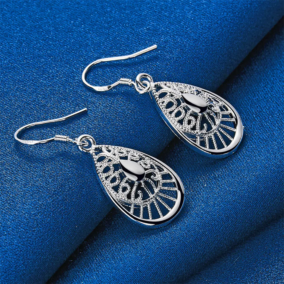1 pair of 925 sterling silver exquisite water droplet hollow pendant earrings for women's charm wedding jewelry accessories