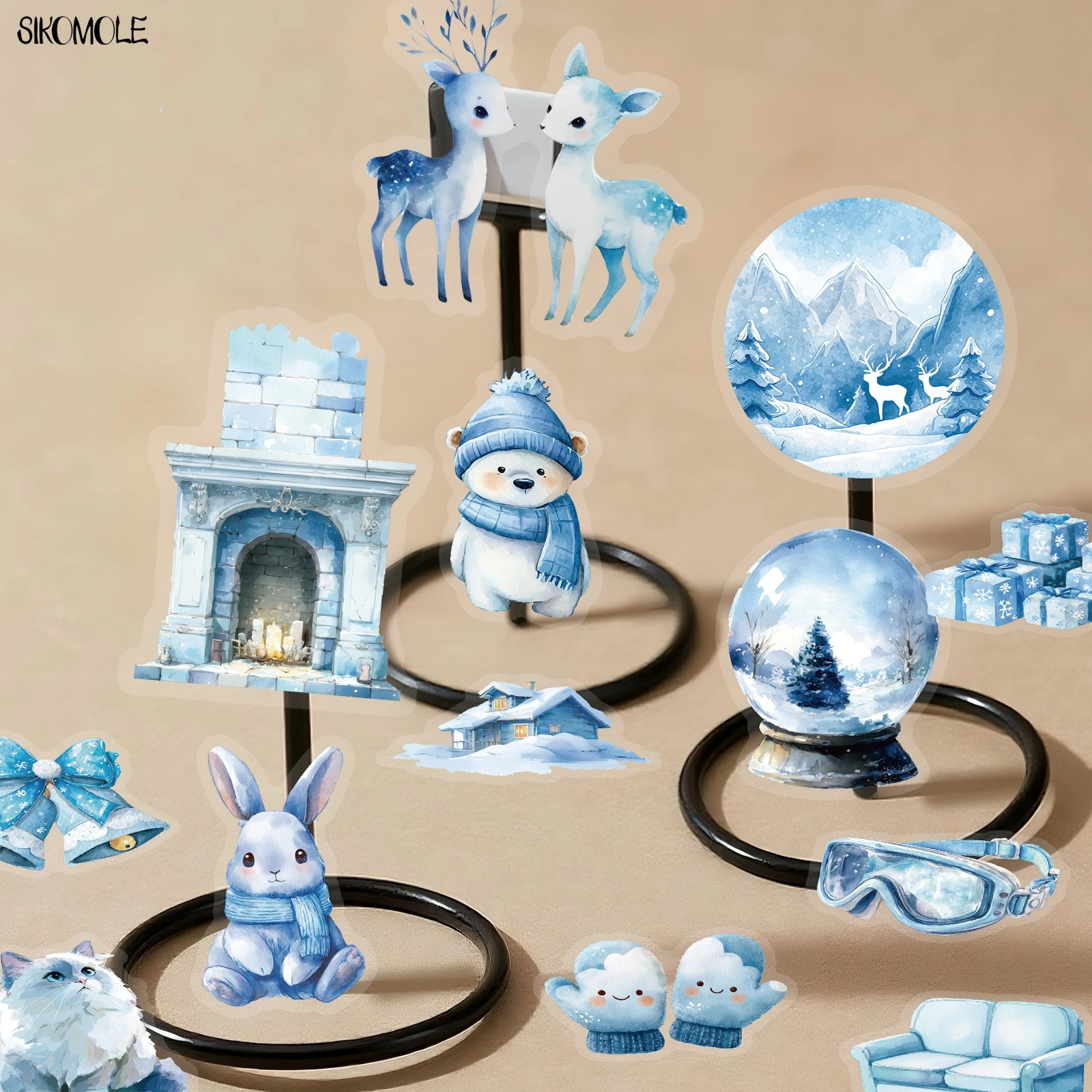 Paquete de 56 Uds de pegatinas transparentes de dibujos animados azules para invierno, Material impermeable para contabilidad de mascotas, pegatina decorativa de grafiti para cuaderno de coche