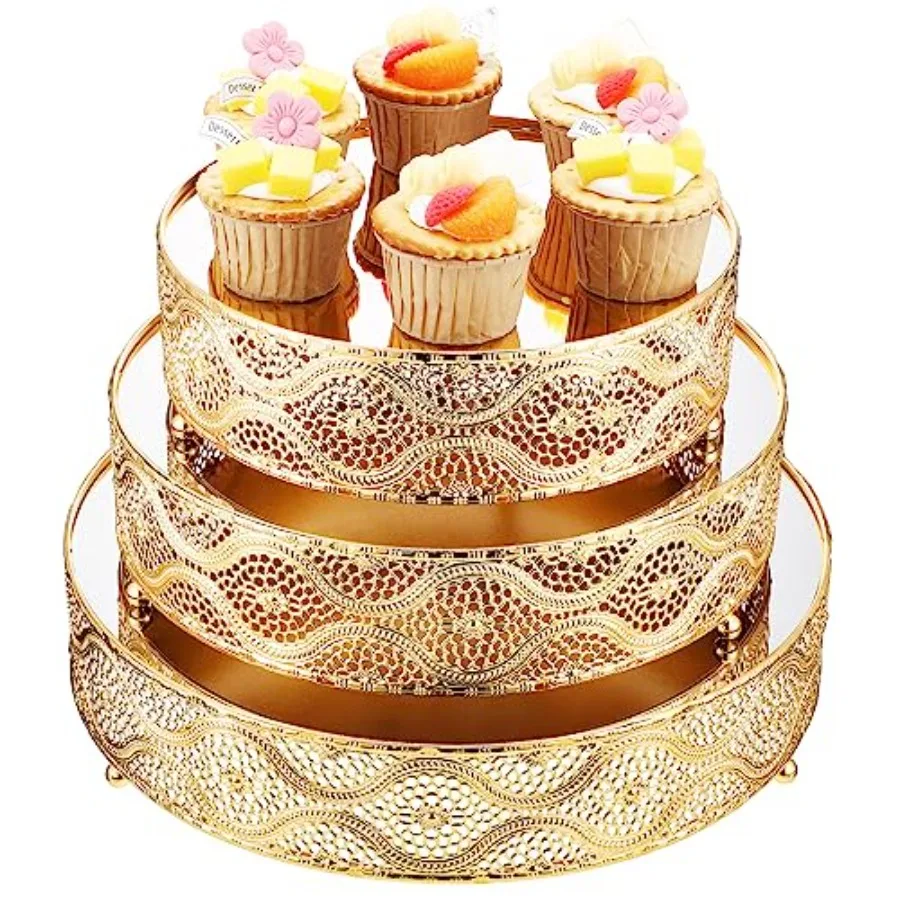 

Set of 3 Round Wedding Cake Stand 10'' 12'' 14'' Metal Dessert Display Stand with Glossy Mirror Dessert Cupcake Cookies Holder