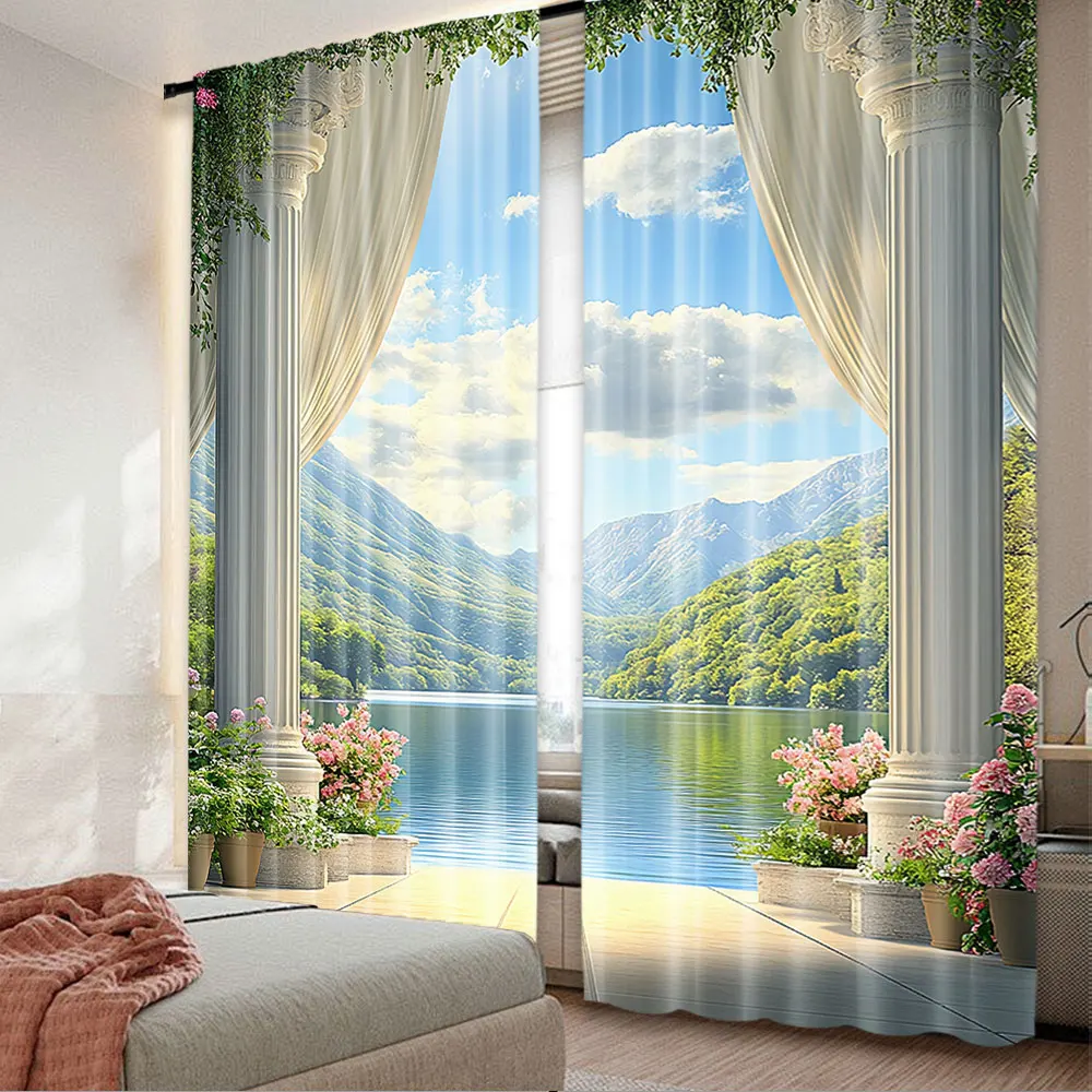 2Pcs Italian Curtain Old Stone Arch View The Sea Balcony Fresco Garden Plants Suitable For Bedroom Bathroom Living Room Dining