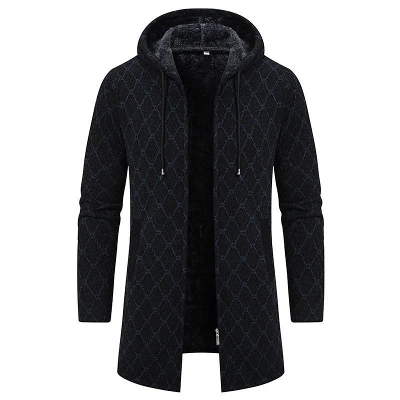 Homens longo cardigan com capuz camisola de malha casaco 2024 inverno quente grosso xadrez bordado zip velo forrado jaqueta longa roupas dos homens