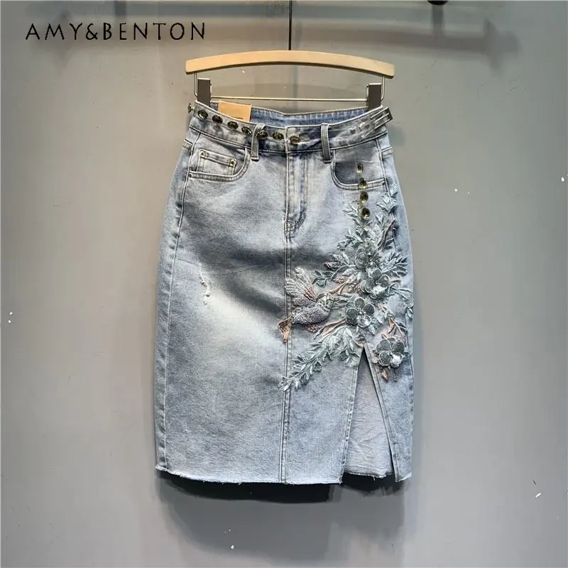 

Exquisite Embroidered Flowers Denim Skirt 2023 Summer New High Waist Slit Stretch Straight Skirt Mid-Length A-Line Skirt