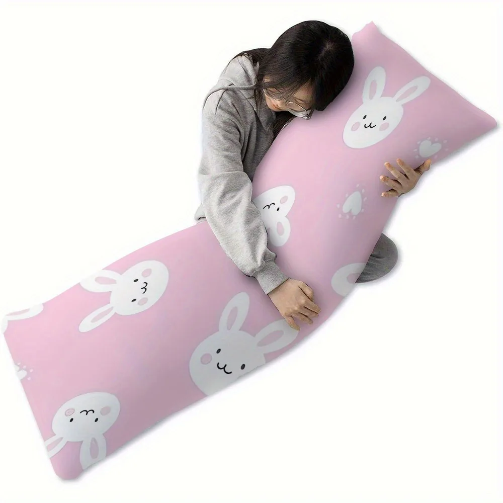 1 Cute Rabbit Print Long Throw Pillow Cover | Pink and White Animal Design, Polyester, Machine Washable with Zipper, Suitable fo