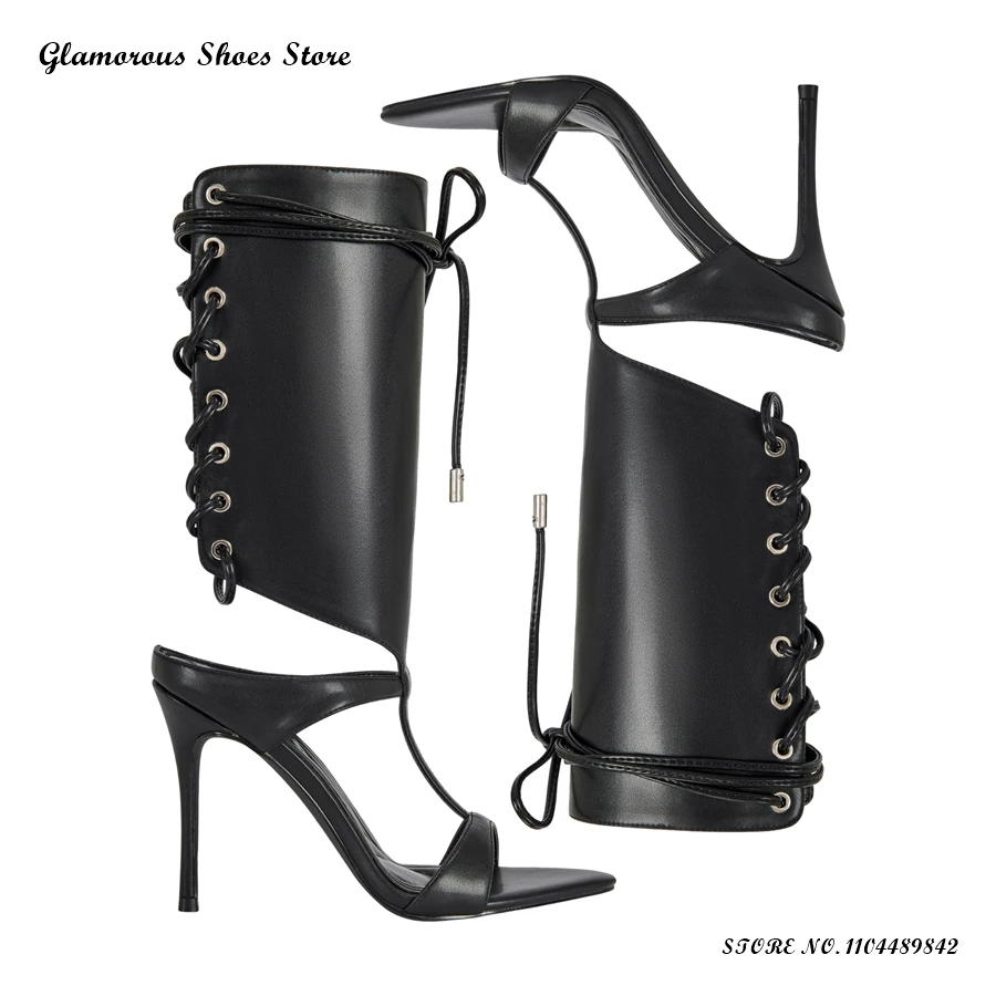 

Stylish Black Lace-up Stiletto Sandals Women's Pointed Open Toe Thin Heels Trendy Shoes Summer Street Style Mid-calf High Heels