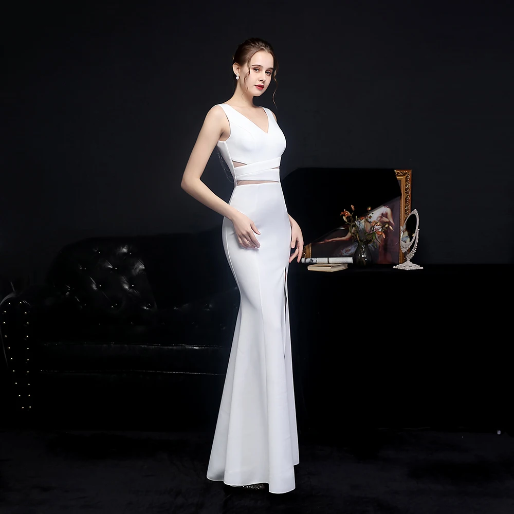 Women's V Neck Sleeveless High Split Dress for Summer Elegant Hollow Out Mesh Evening Gown