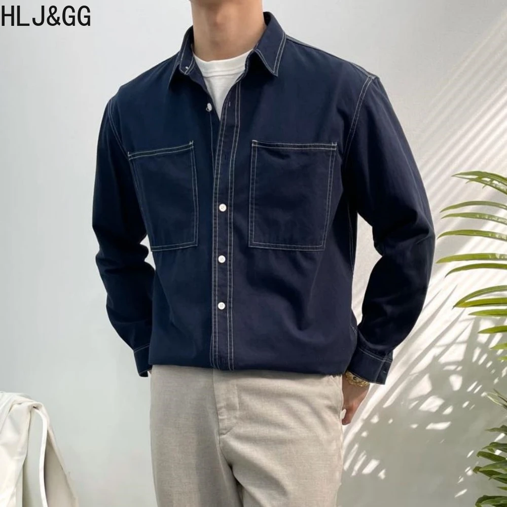

HLJ&GG Retro Work Shirts for Mens Casual Versatile Solid Long Sleeve Shirts Spring Autumn Cotton Shirt Man's Streetwear Blouse