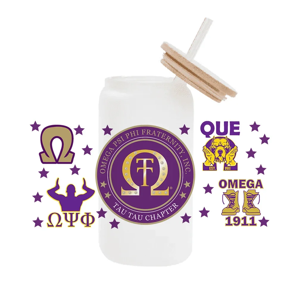 sodality Omega Psi Phi For Libbey 16oz Can Glass 3D Waterproof UV DTF Coffee Can Wrap Libbey Glass Wrap