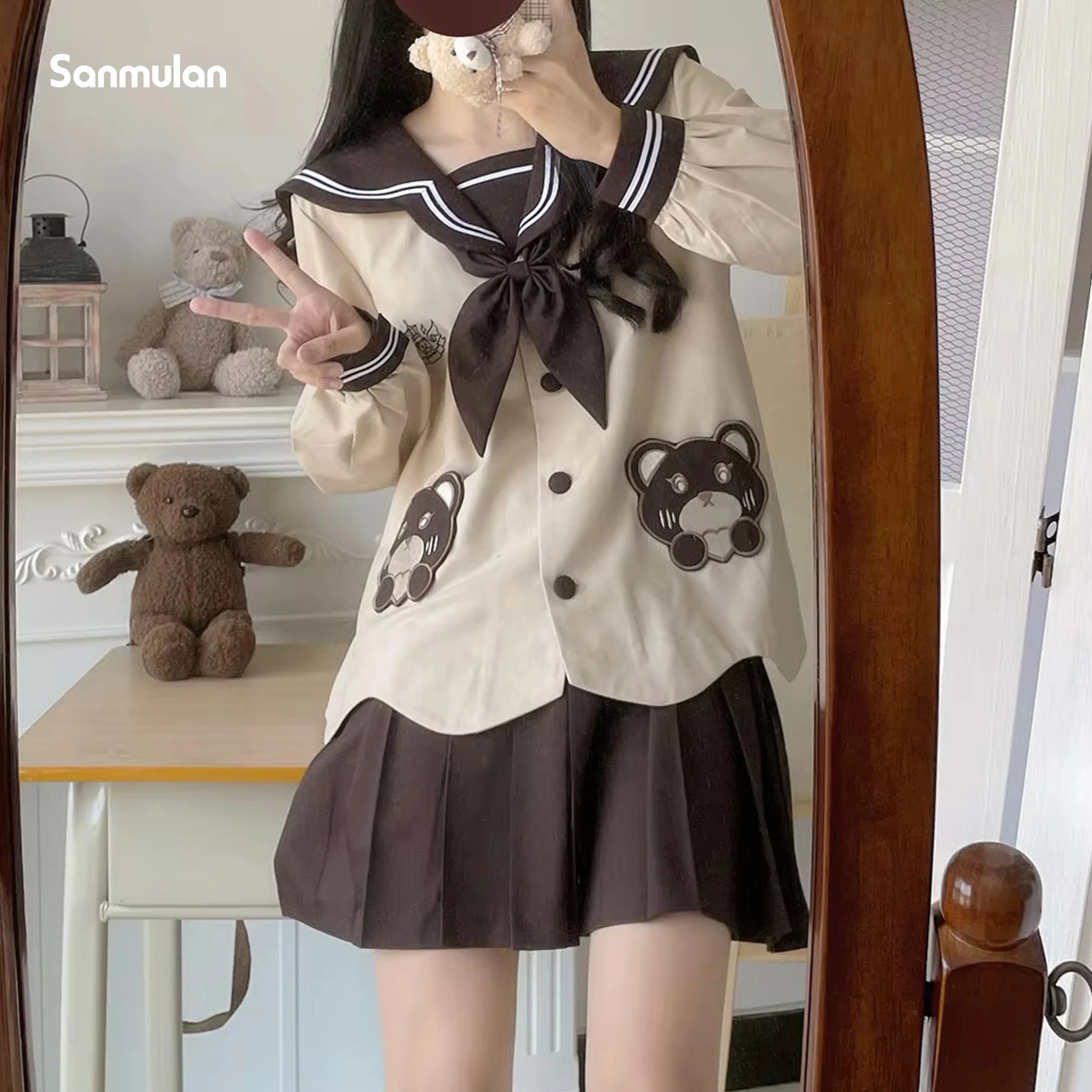 Japanese and Korean Sweet Kindergarten JK Uniform Suit Female Cute Bow Sailor Collar Cartoon Bear Coat Mini Pleated Skirt Woman