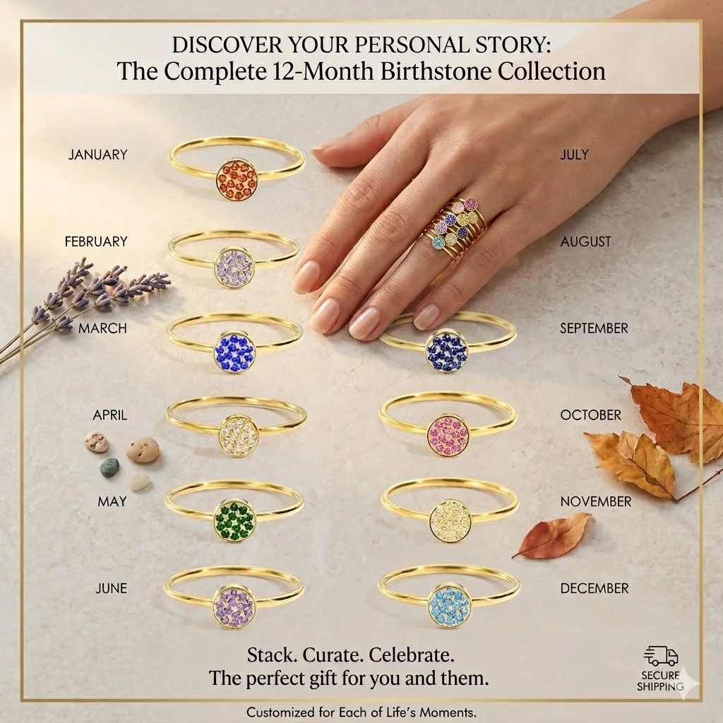12 Color Stainless Steel Colorful Ring Zirconia Birthstone Full of Diamonds Ring Size 5 6 7 8 Suitable for Women's Gift