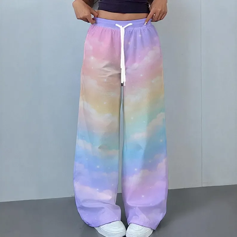 Soft Rainbow Cloud Galaxy Wide Leg Pants with Drawstring, Elastic Waist, Gradient Dreamy Starry Sky Print, Loose Casual Pants