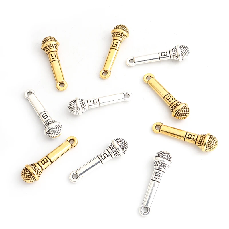 15pcs Creative Alloy Microphone Charms Antique Gold Silver Color Metal Pendants DIY Making Handmade Jewelry Accessories Supplies