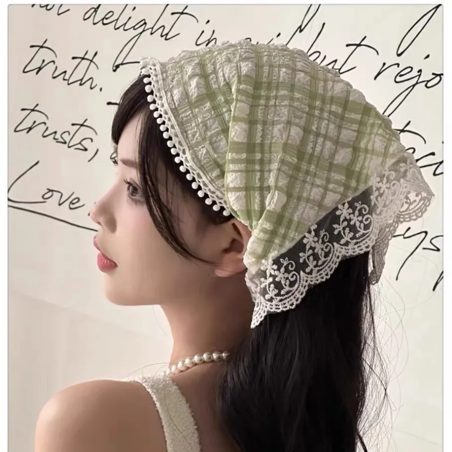 

Women Rhombus Sweet Cute Knitted Triangle French Pastoral Style Headband Flower Headscarf Beach Vacation Hair Accessories