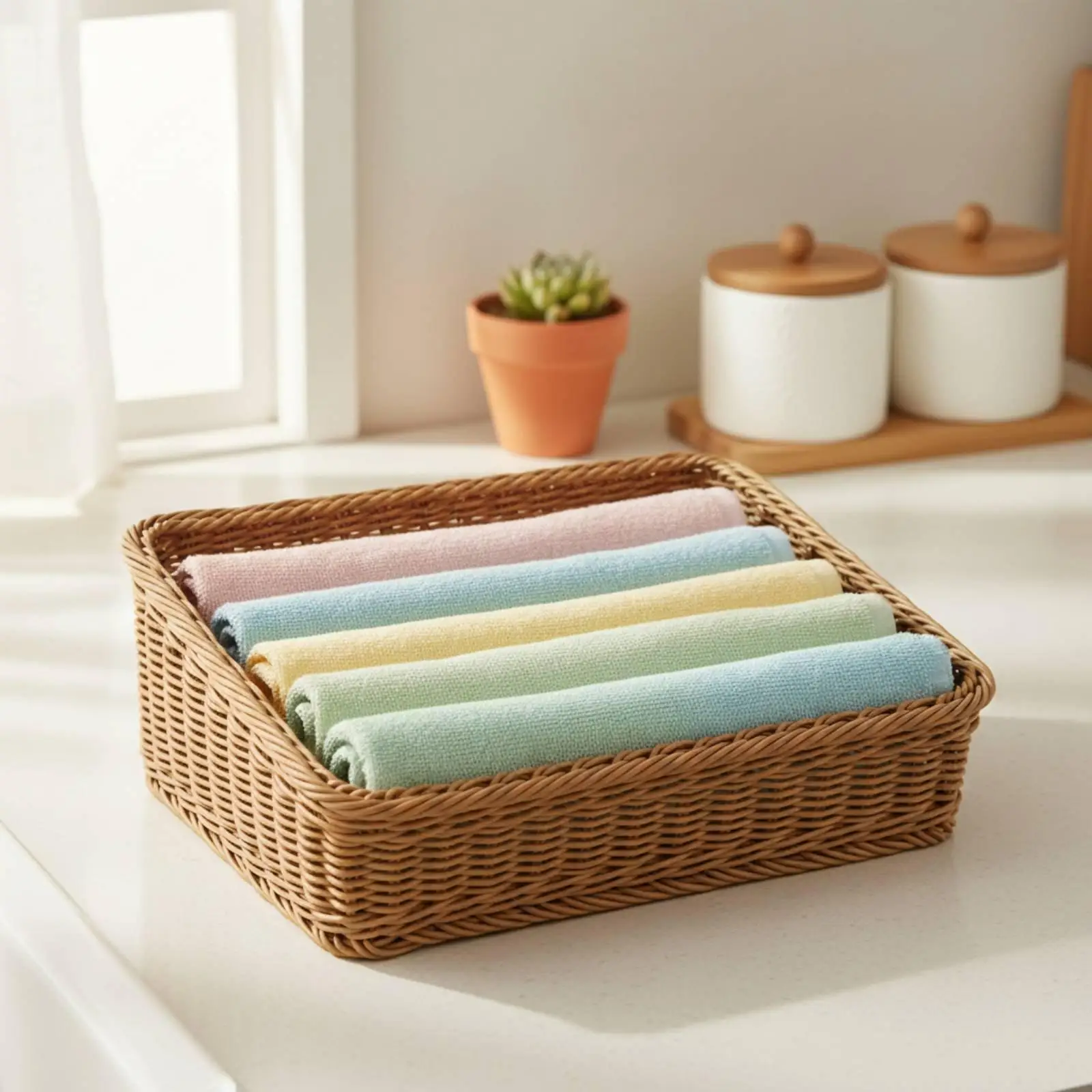Woven Storage Basket Versatile Plastic Organizer Basket Angled Display Bin for Fruit Vegetable Pantry Organization