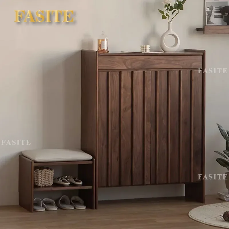 For Nordic Retro Black Walnut Solid Wood Shoe Cabinet North American Cherry Wood Home Door Porch Storage Multi-layer