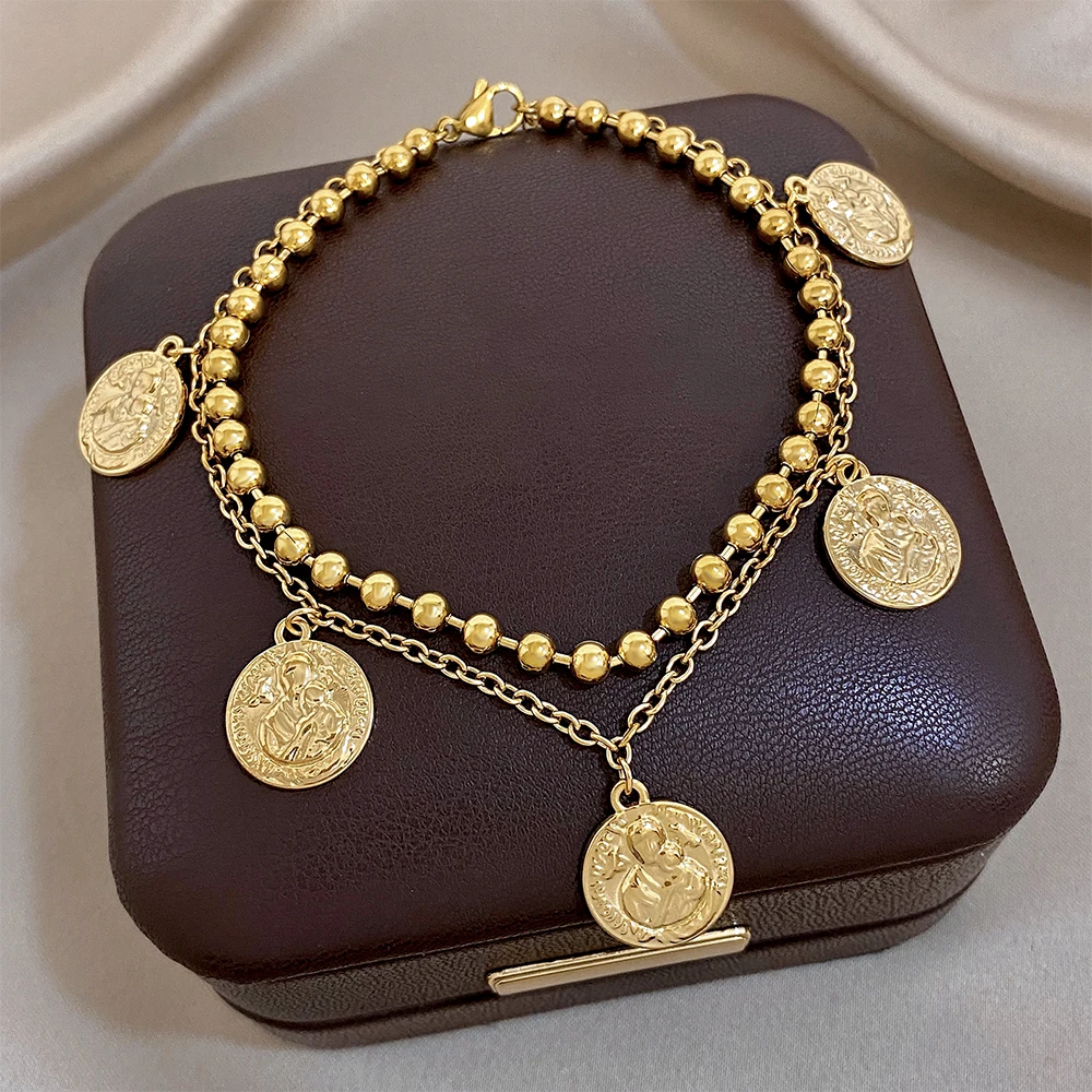 Vintage Gold Plated Stainless Steel Bracelet for Women Men Classic Doublelayer Human Head Charms Bracelets Waterproof Jewelry
