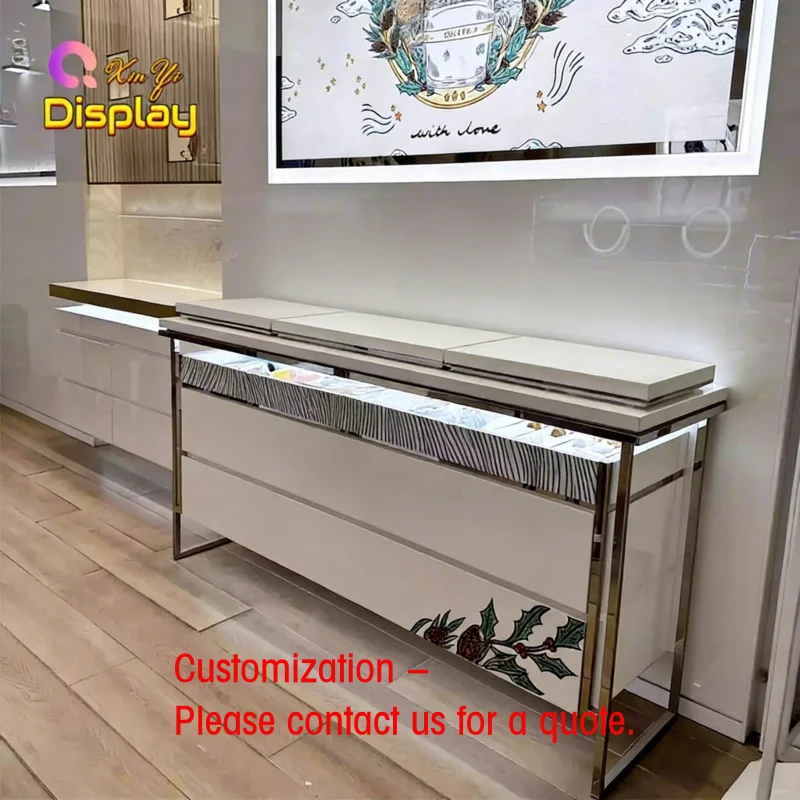 custom.Luxury Makeup Shop Display Table Stainless Steel Metal LED Lighting Multi-Functional Counter Retail Cosm