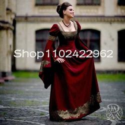 Burgundy Fantasy Elven Prom Dresses with Long Sleeve Tudor Style Costume Fairy gold applique Medieval evening gown