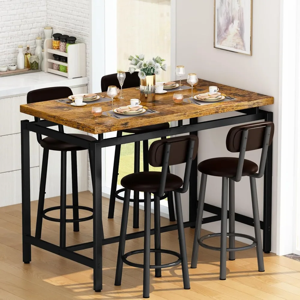 

Bar Dining Table Set for 4 Industrial Pub Table and Chairs, Kitchen Counter Height Table & 4 PU Leather Upholstered Stools with