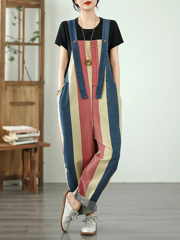 Loose Artistic Striped Color Blo Large ket Denim Overalls Women's Premium Faion Brand Summer Wearable Harajuku Sle