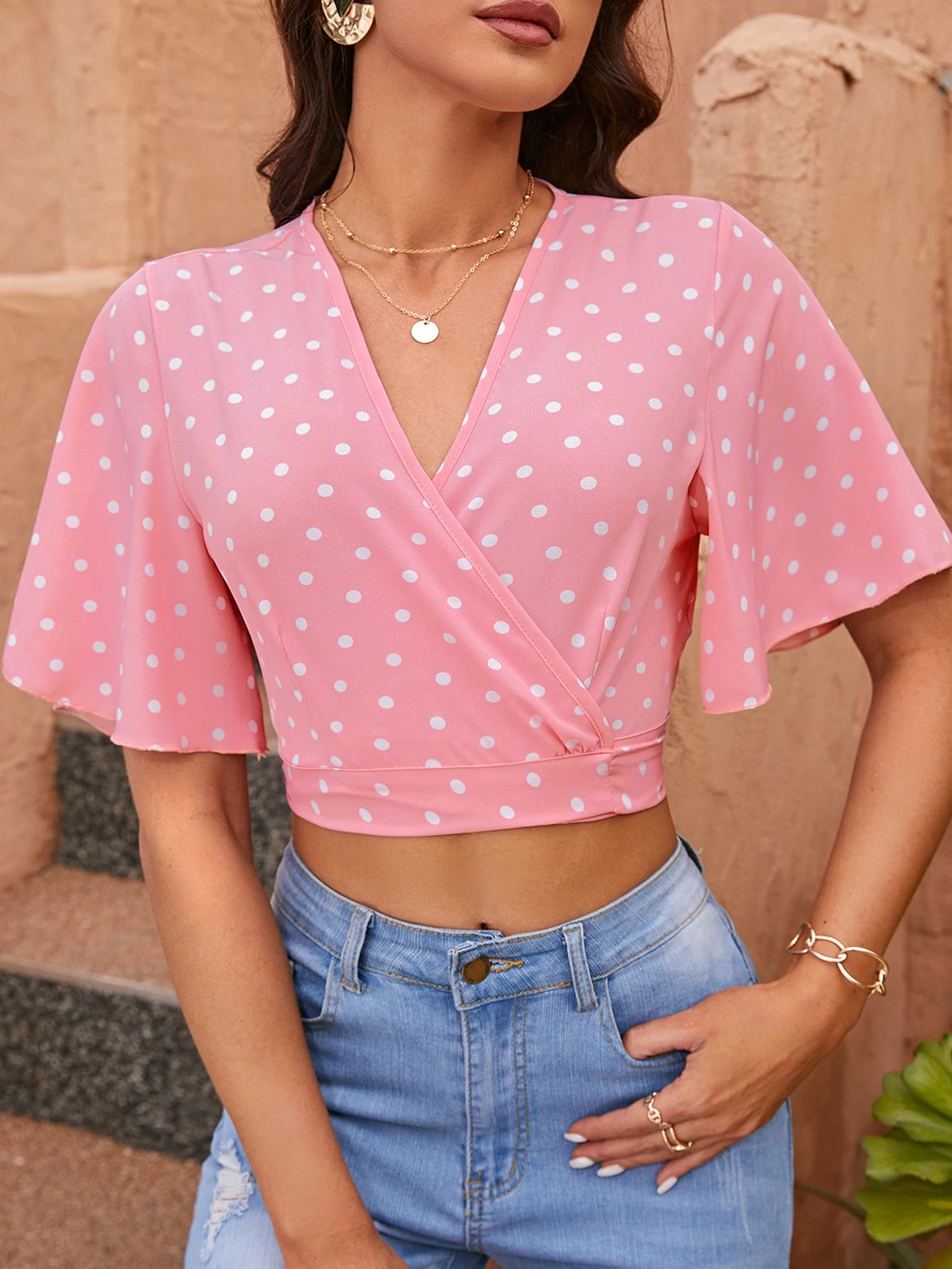 Fashion Elegant Back Bandage Women Crop Tops With Ruffled Sleeves Retro Classic Polka Dot Chiffon Shirts for Ladies