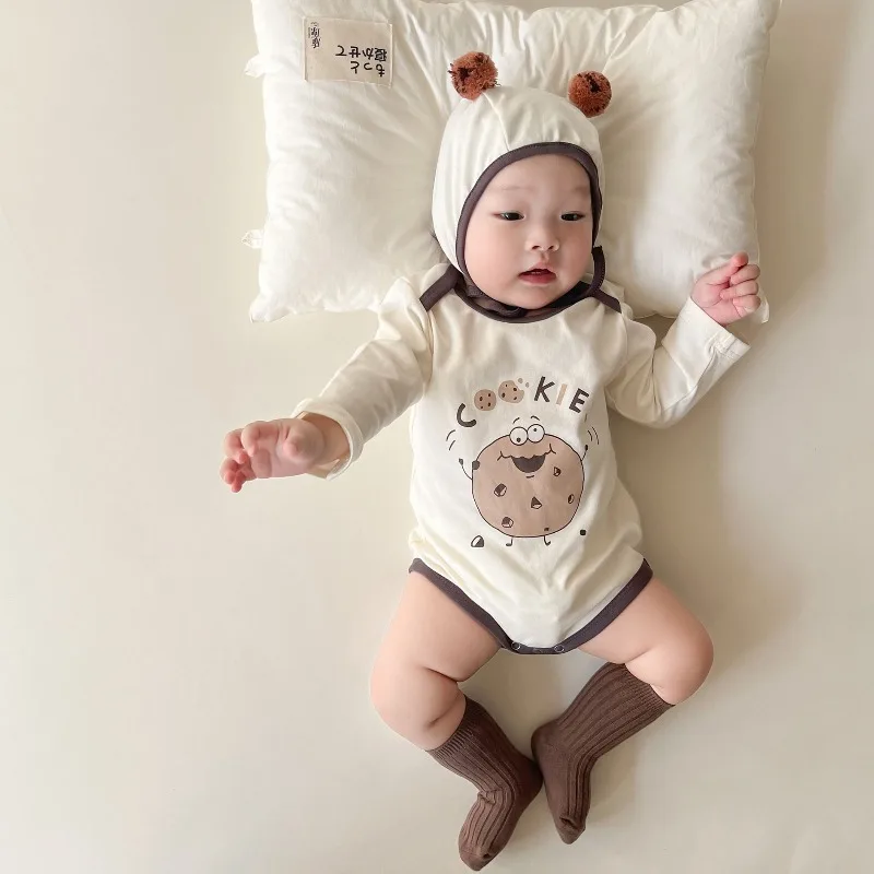 Korean Style Baby Girl Boy Spring Autumn Jumpsuit Cute Cartoon Biscuit Print Long Sleeve Round Neck Bodysuit Cap Socks
