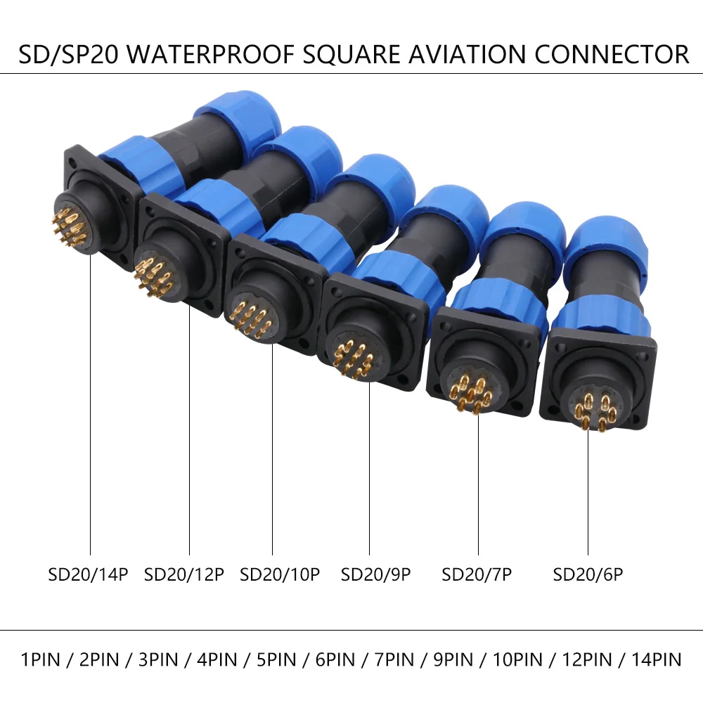 10Sets/lot IP68 Waterproof SP20 SD20 Aviation Plug Socket Male+Female 20MM 1/2/3/4/5/6/7/9/10/12/14Pin 4 Hole Square Panel Mount