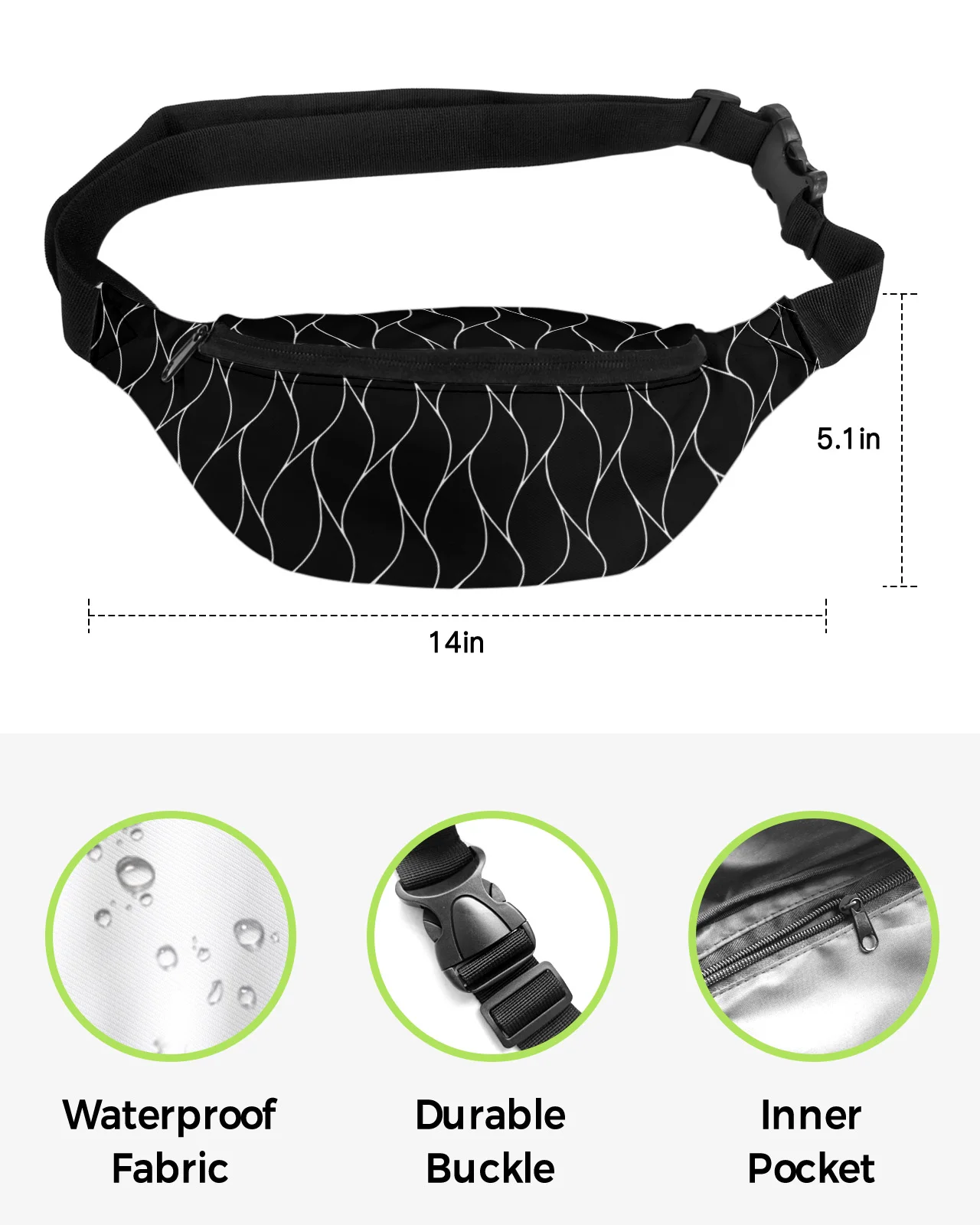 Black Wave Pattern Texture Waist Bag Women Men Belt Bags Large Capacity Waist Pack Unisex Crossbody Chest Bag