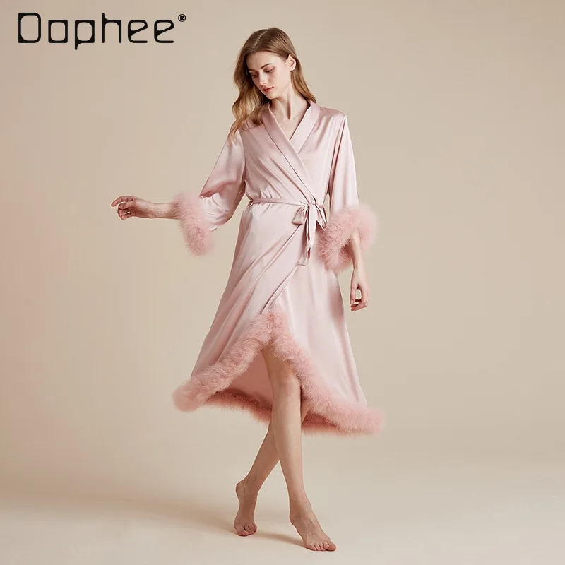 

2024 Autumn New French Style Ice Silk Robes Women Removable Feather Belt Satin Ladies Morning Gown Bathrobe Home Dress