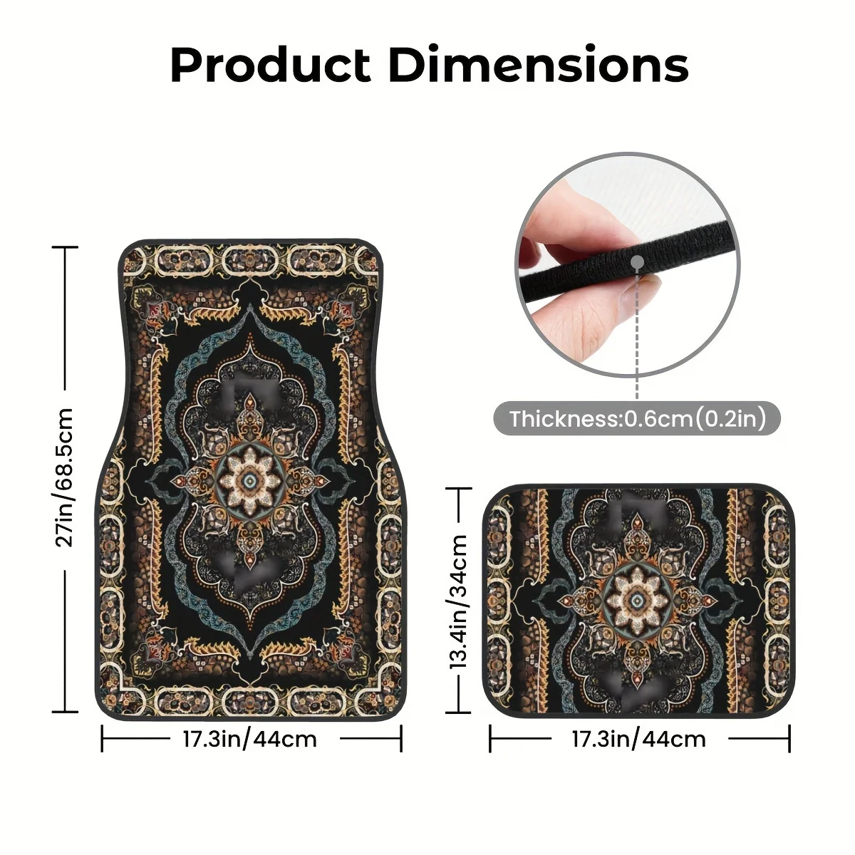 4-Pack Synthetic Rubber Universal Anti-Slip Bohemian Pattern European Ethnic Car Rubber Mats, Waterproof Easy-Clean Interior Acc
