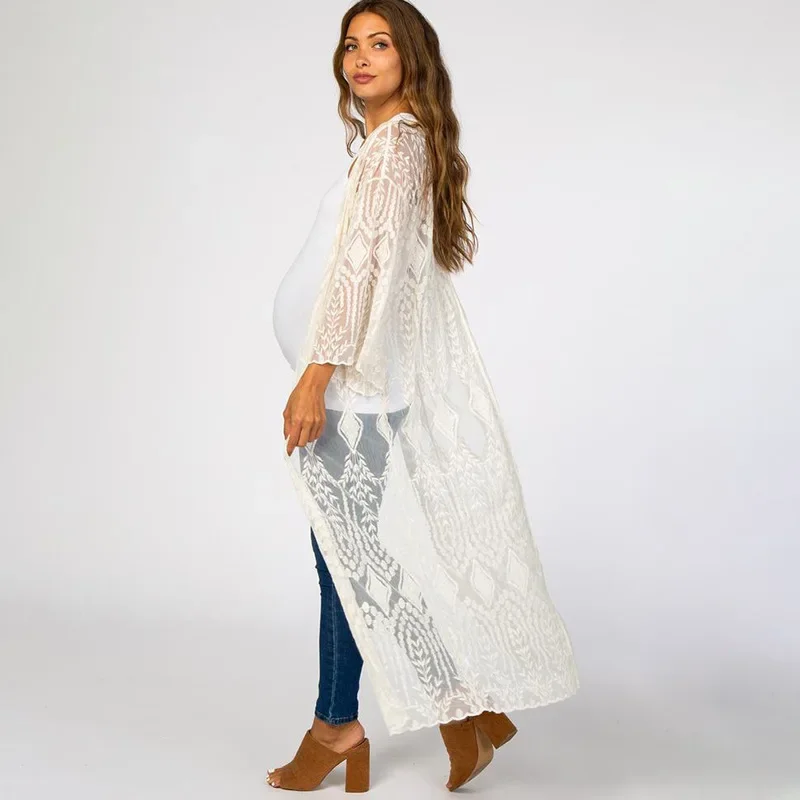 Kimono de encaje blanco para mujer, cárdigan largo, mangas acampanadas, vestido transparente, capa para traje de baño, prendas de vestir exteriores