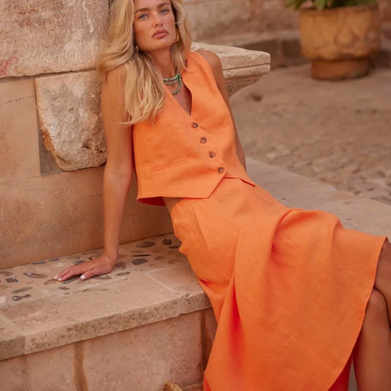 Tuularose Beiläufige Lange Kleid Sets Sommer V-ausschnitt Weste Top Hohe Taille Langen Rock Set Lose Pendler Urlaub Neue Frauen Kleid Sets