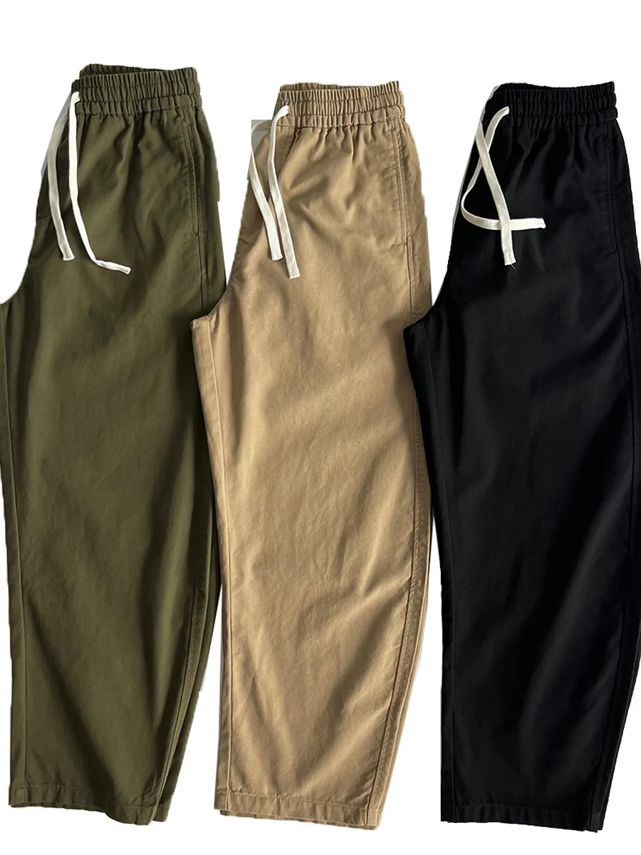 

Ретро-брюки из чистого хлопка с эффектом потертости, свободные, прямого кроя, в американском стиле, для весны и осени, мужские, удобные, с эластичным поясом