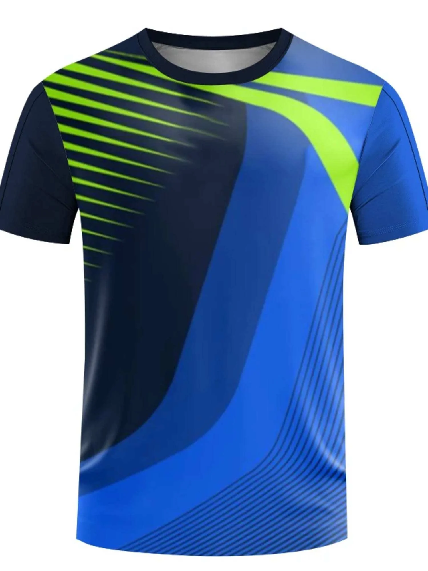 Men Quick Dry High Elastic Sport T Shirt Blue Green Curve Line Gradient Print Breathable Training Top