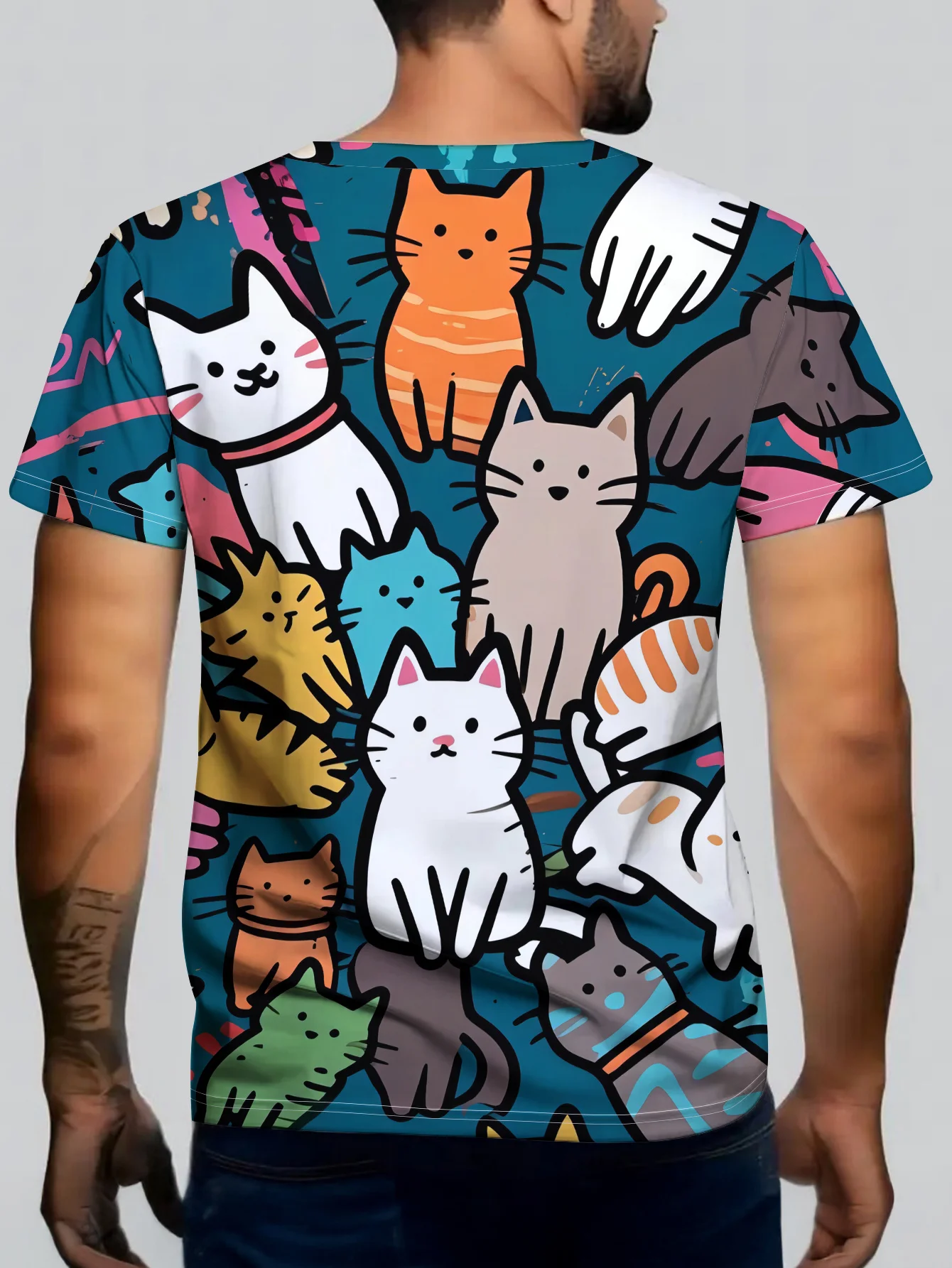 2026 Men's Cute Cartoon Cat Print Short Sleeve T-Shirt, Teal Crew Neck Casual Summer Graphic Tee Top