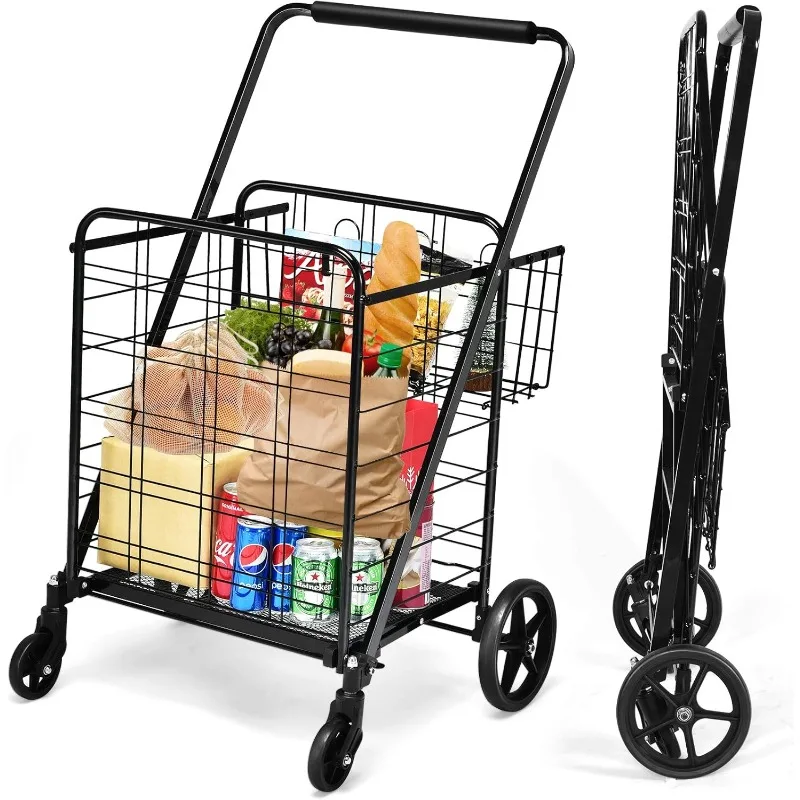 

Goplus Folding Shopping Cart, Jumbo Double Basket Utility Grocery Cart 330lbs Capacity with 360° Rolling Swivel Wheels