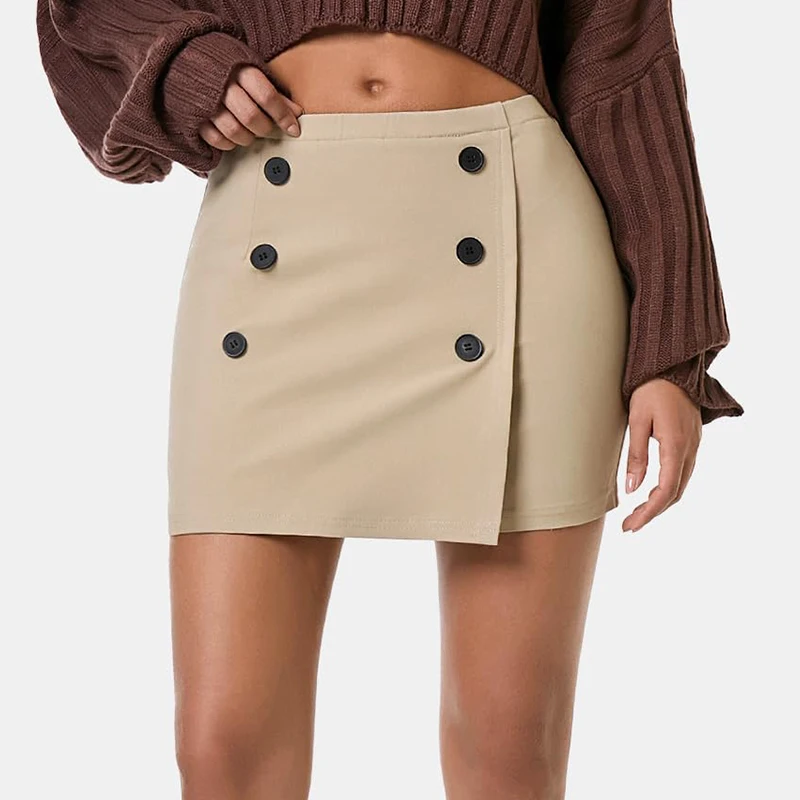 Europe American Plaid Sheath Woolen Short Mini Skirt Button Decor High Waist Bag Hip Stylish Fall Winter Matching Pencil Skirt