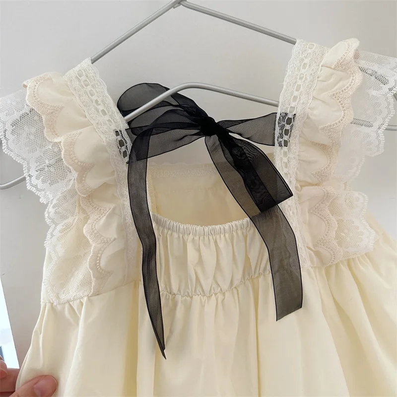 

Back Black String Princess Outfits Kids Girls Beige Cotton Dresses Ruched Lace Flying Sleeve Square Collar A-line Solid Dress