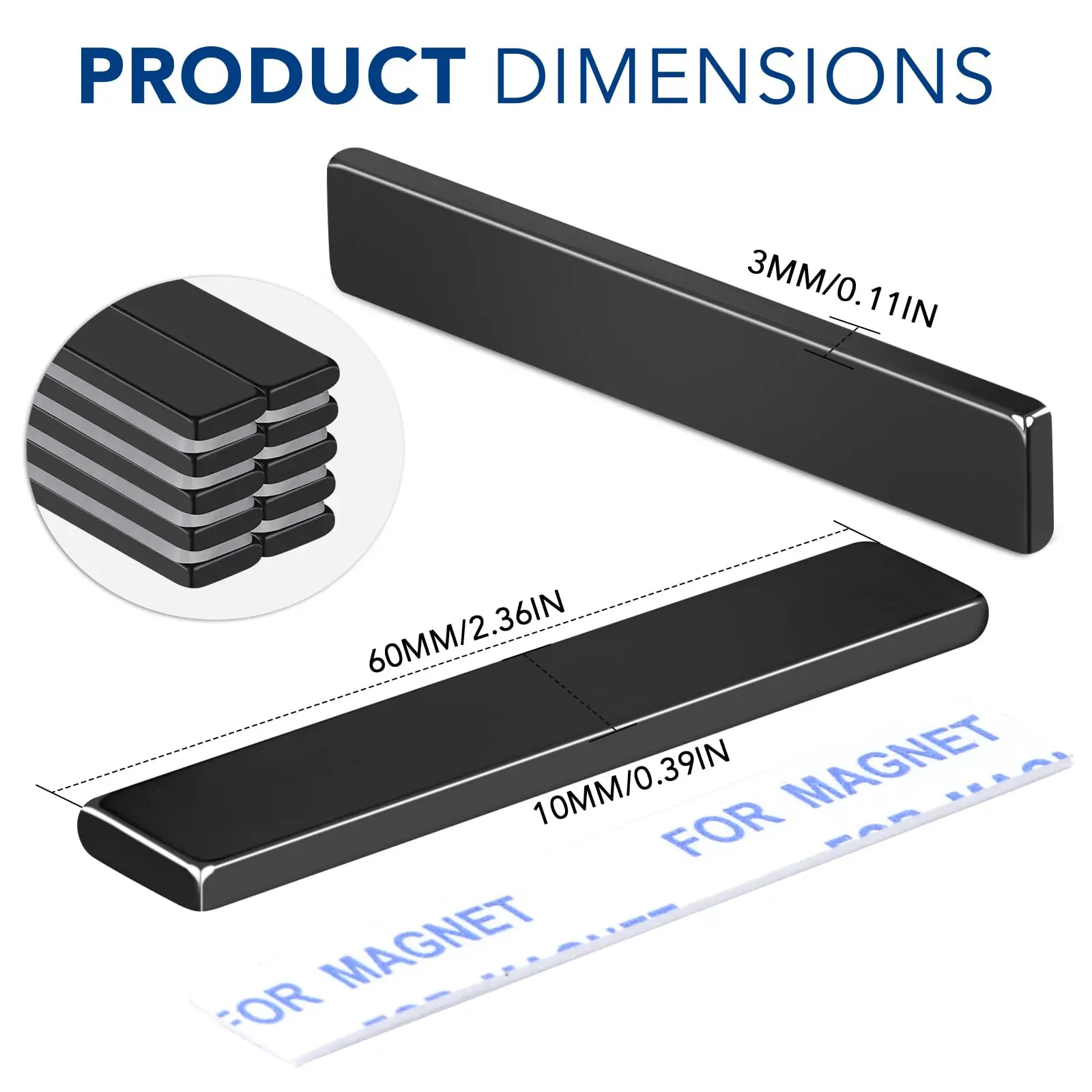 Magnetic Strips Earth Magnets with Double-Sided Adhesive Office - 60x10x3mm Neodymium Magnet Bar Black Magnets Heavy Duty Recta