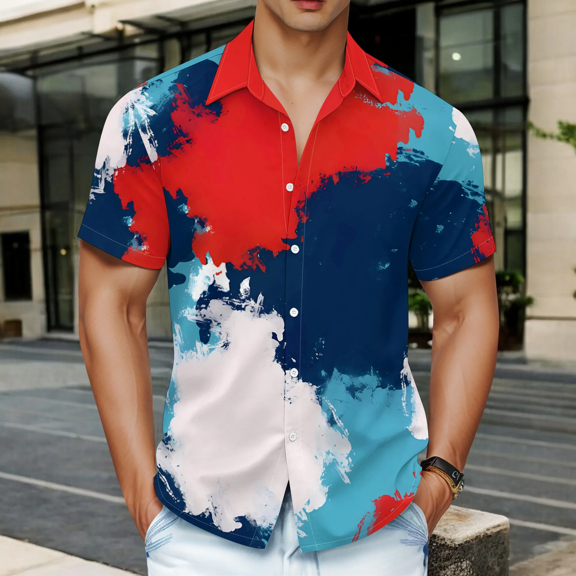 

YEAE Red Blue Splash Print Shirt for Men Summer Casual Short Sleeve Top