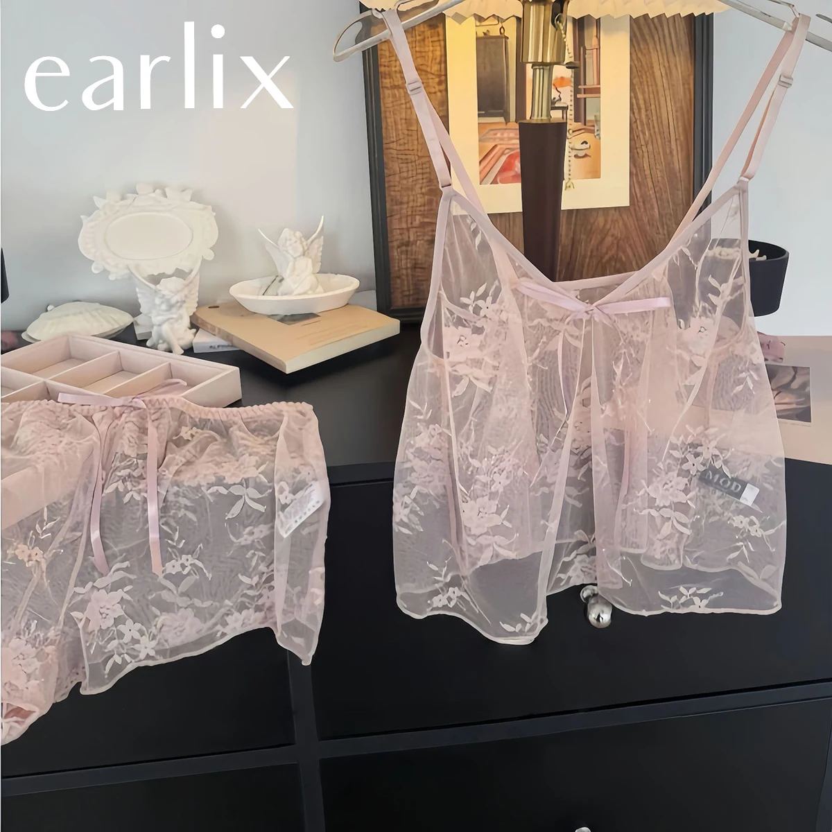 

Earlix Valentine's Day Romantic Pajamas Lingerie Sets Pink White Black Lace Sleepwear Sexy Underwear Ladies' Pajama Sets