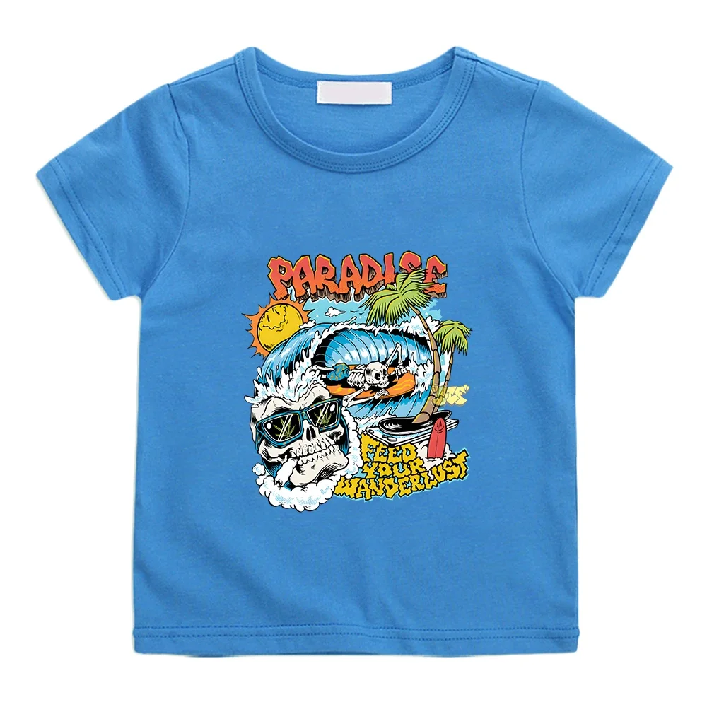 Camiseta de verano de esqueleto de paraíso para niños y niñas, camisa informal de manga corta, 100% algodón, estampado gráfico de dibujos animados Kawaii