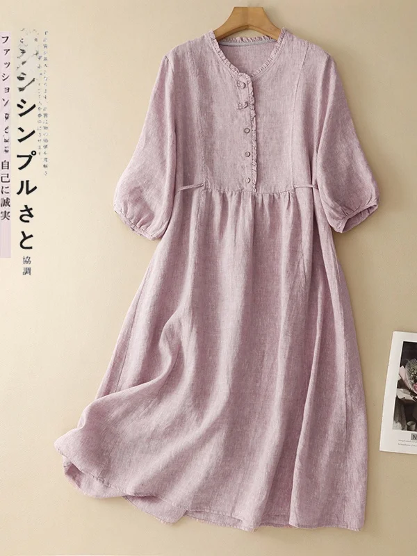

Casual Cotton Linen Dress Women's plus Size V-Neck Long Skirt Three Quarter Sleeve Commuter Style A-Line Skirt mid Waist