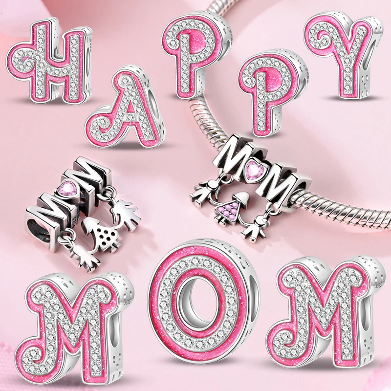 S925 Sterling Silver Charm Fit 3mm Bracelets pave Pink Zircon A-Z 26 English Letters Alphabet Beads DIY Jewelry for Girls Women