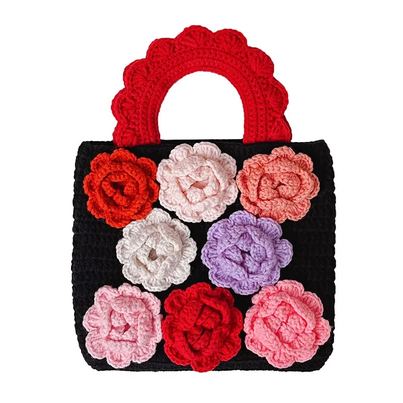 DIY Hand-woven Rose Retro Bag Wool Crochet Horizontal Style Square Open Lady Handbag